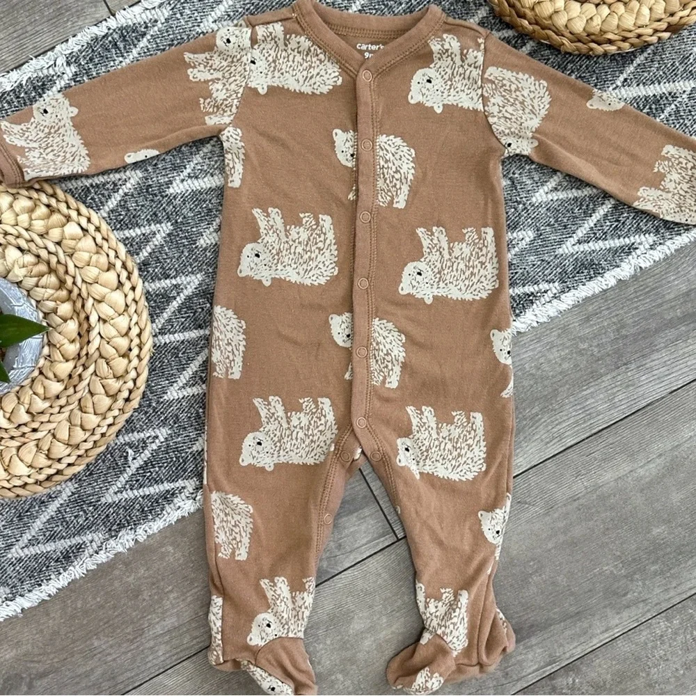 Carter's Brown Bear Patterned Button Snap Baby Boy Footies Size 9 Months Pajamas